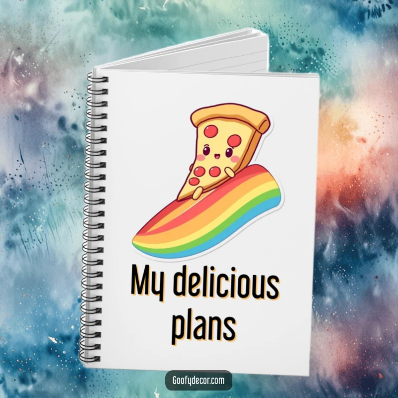 Funny notebook cover featuring a kawaii pizza character joyfully sliding down a rainbow on its slice, inspiring creative notes.