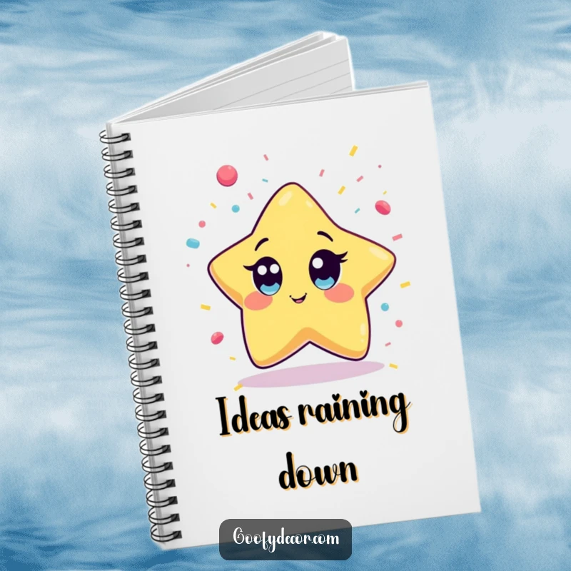 Funny Kawaii Star Notebook with a cover featuring a wide-eyed kawaii star character playfully catching falling confetti, inspiring creativity and celebration.