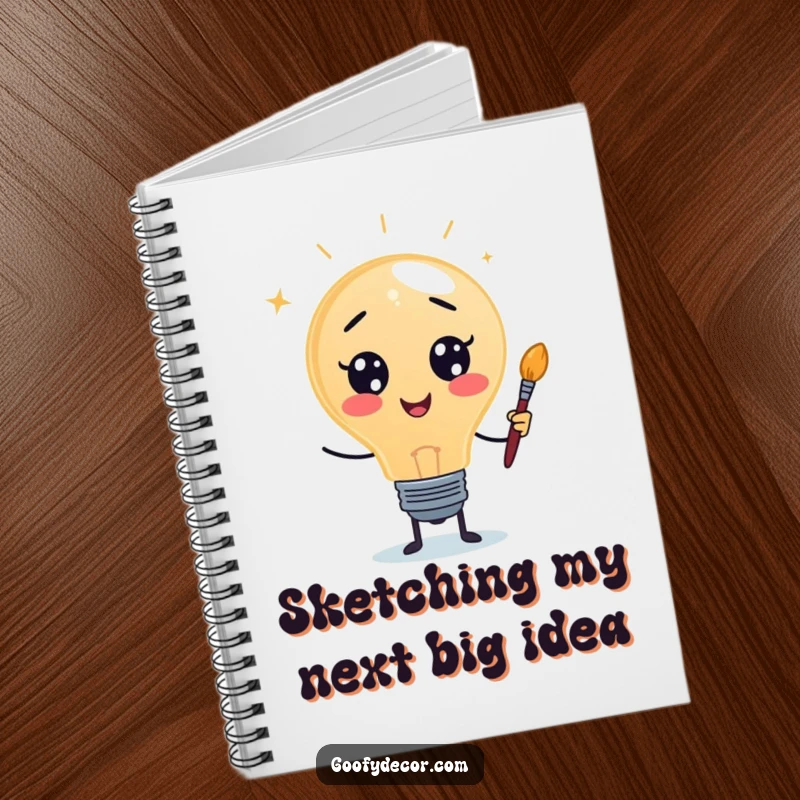 Funny notebook with a lightbulb character and paintbrush, ideal for jotting down creative ideas and artistic inspirations.