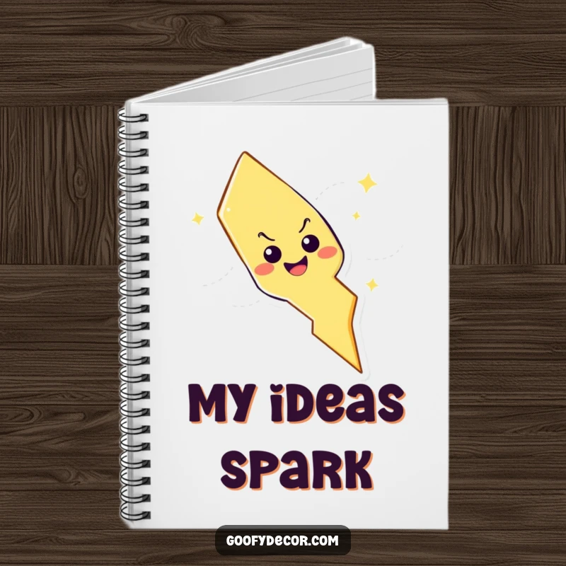 Funny lightning bolt character with mischievous grin on a notebook cover, encouraging energetic note-taking and creative thoughts.