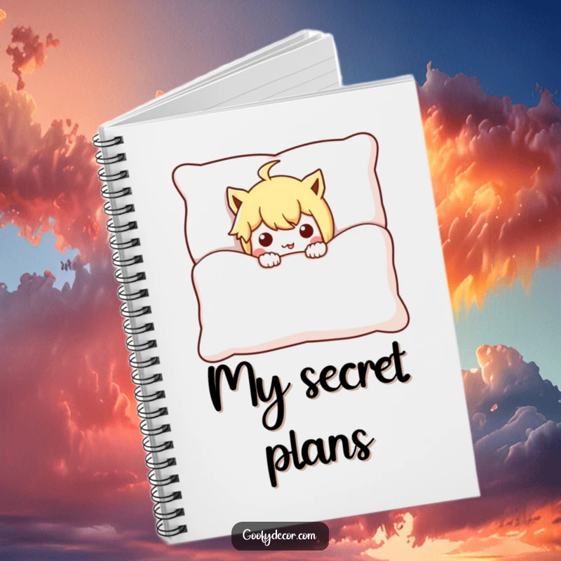 Funny mischievous character notebook cover, humorously peeking from behind a large cushion, perfect for jotting down playful thoughts.