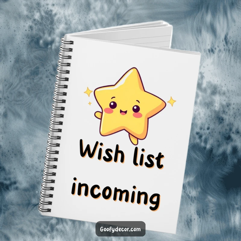 Funny notebook cover featuring a cheerful shooting star making a wish with a dazzling, sparkling trail, perfect for journaling.