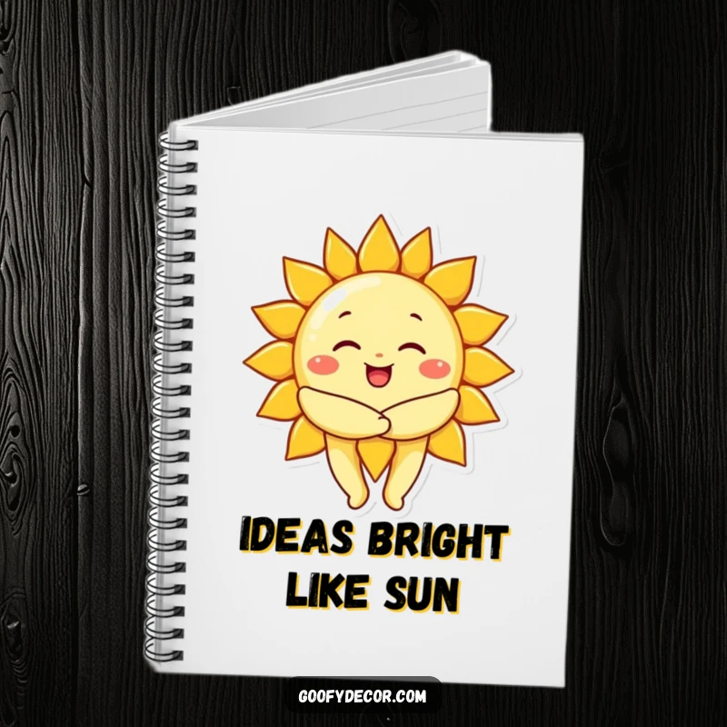 Funny cheerful sun character giving a big, warm hug, featured on a notebook cover for jotting down warm thoughts.