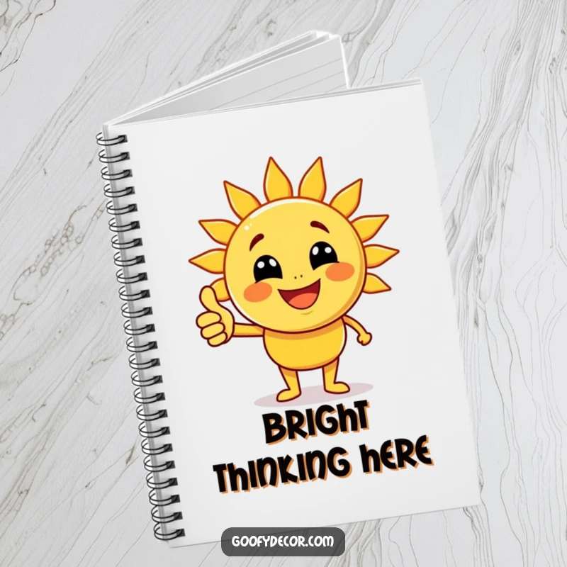 Funny joyful sun character with beaming rays giving a thumbs up on a notebook cover, encouraging bright ideas and positive journaling.
