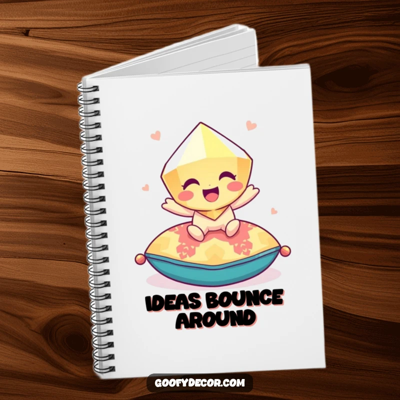 Funny giggling gem bouncing playfully on a colorful cushion on a notebook cover, perfect for jotting down bright ideas.
