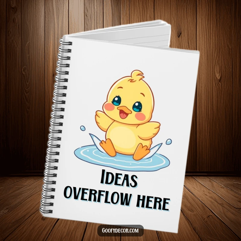 Funny cheerful duckling character splashing happily in a puddle on a notebook cover, ideal for journaling.