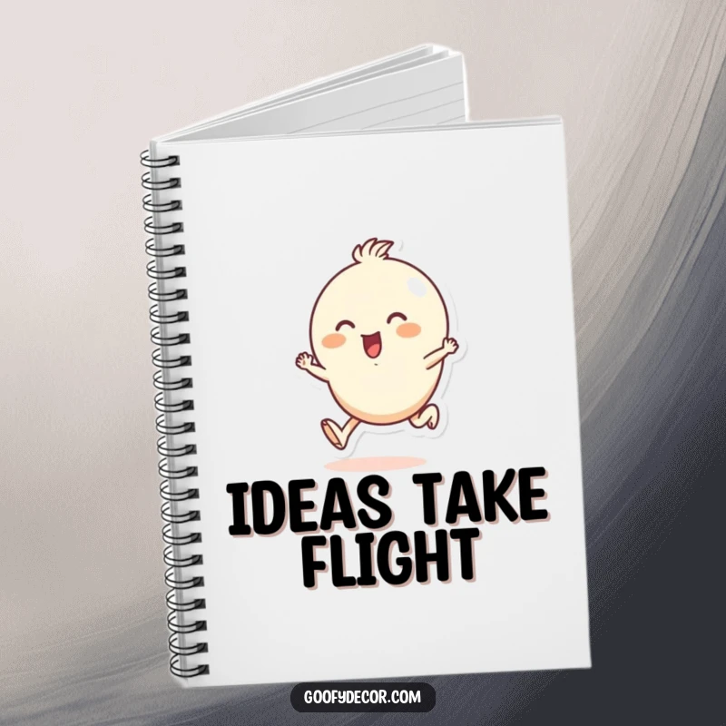 Funny notebook with a small, round character skipping along, inspiring users to jot down thoughts with energy and infectious positive humor.