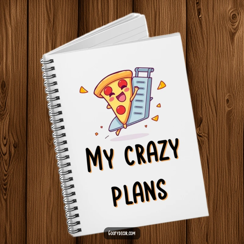 Funny notebook cover featuring a giggling pizza slice character riding a runaway cheese grater.