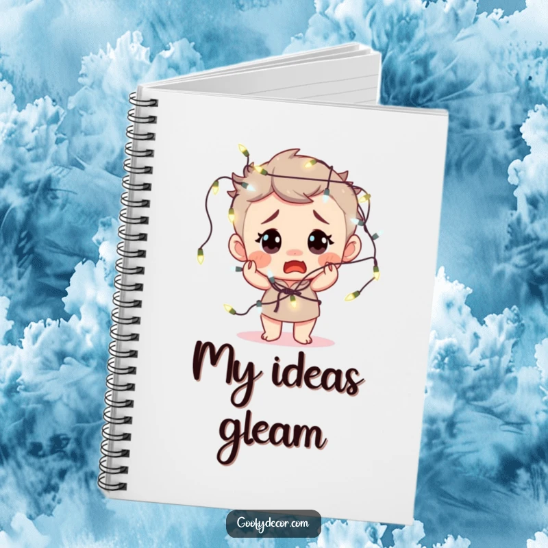 Funny notebook featuring a bewildered character hilariously tangled in fairy lights, a humorous companion for note-taking.