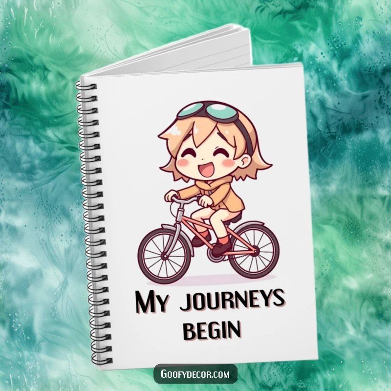 Funny notebook featuring a joyful character riding a comically small bicycle, a humorous companion for note-taking.