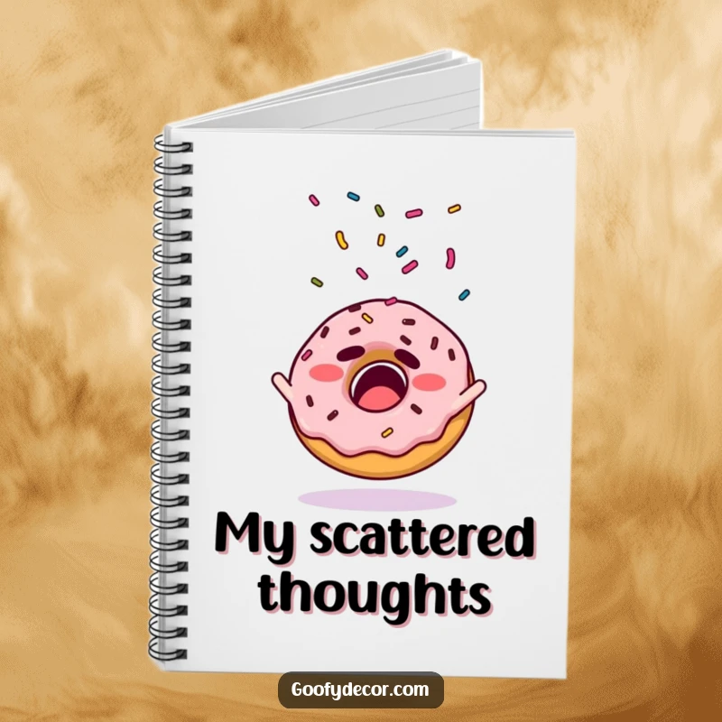 Funny notebook cover featuring a startled donut character with its sprinkles flying outwards.