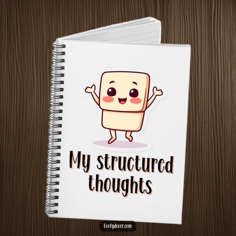 Funny notebook with a square character doing a happy jig, inspiring users to jot down thoughts with energy and infectious positive humor.
