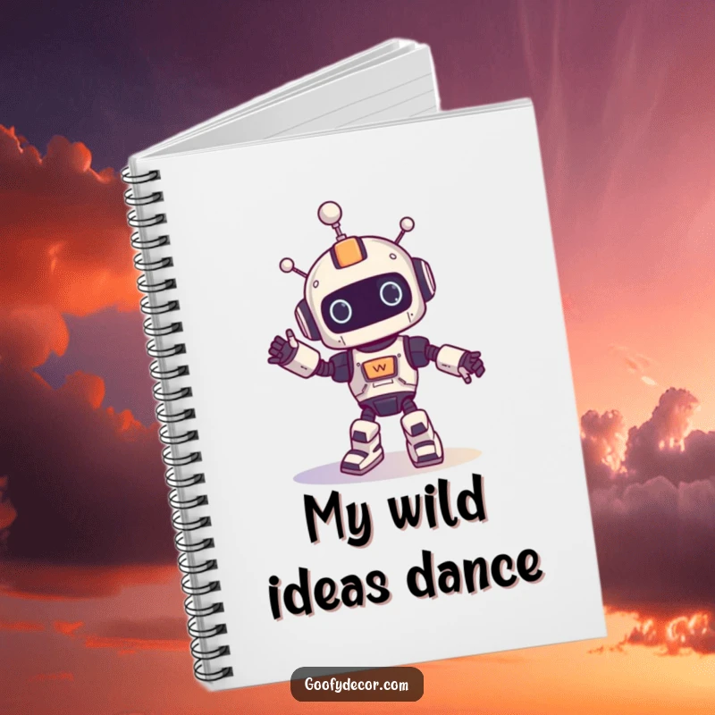 Funny notebook featuring a robot character doing a silly spinning dance, encouraging creative thoughts with humor.