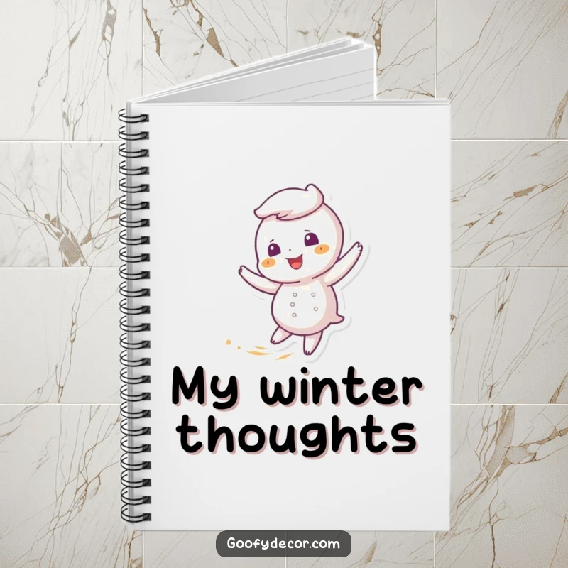 Funny notebook cover with a giggling snowflake character enjoying a gentle twirl in a light, refreshing breeze.