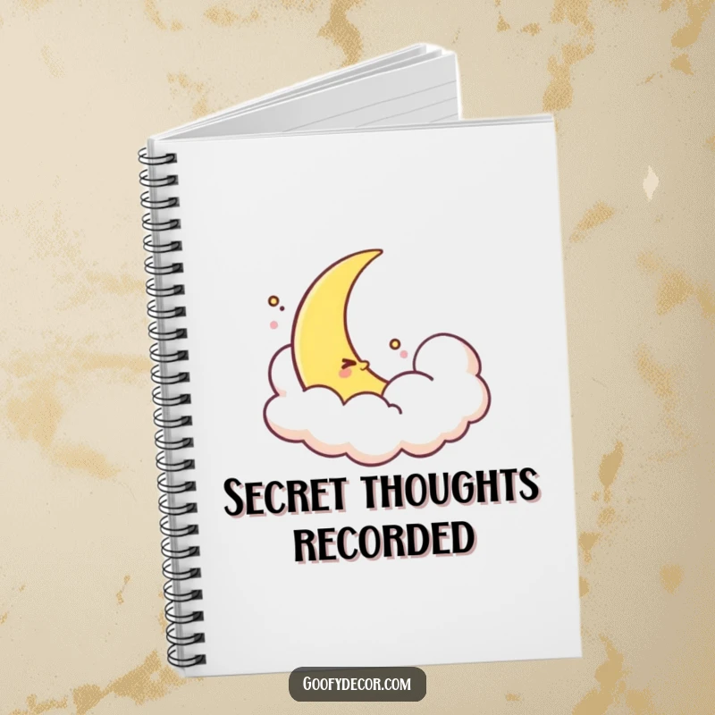 Funny shy moon notebook featuring a shy crescent moon peeking from a cloud, ideal for journaling, note-taking, or sketching peacefully.