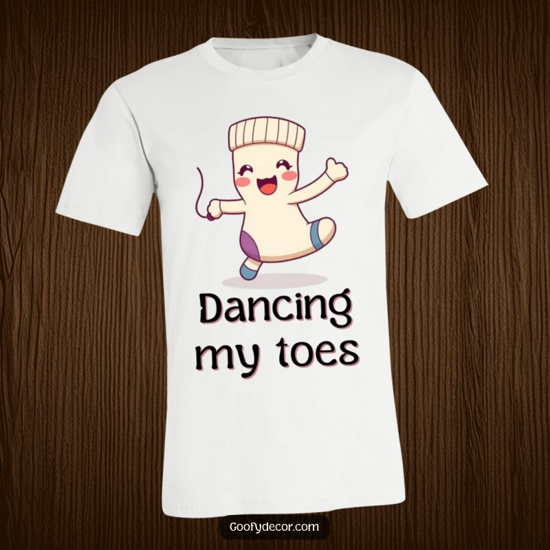 Funny kawaii happy sock character in a playful dance pose, with a dangling string, on a fun t-shirt.