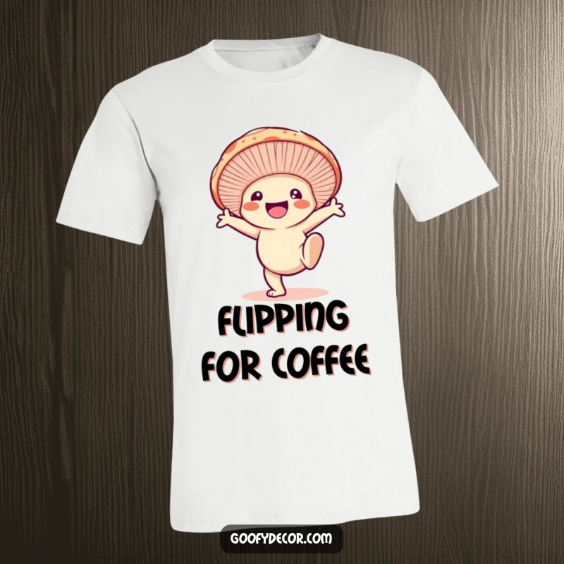 Funny t-shirt depicting a smiling mushroom character performing an enthusiastic cartwheel, full of joy and motion.