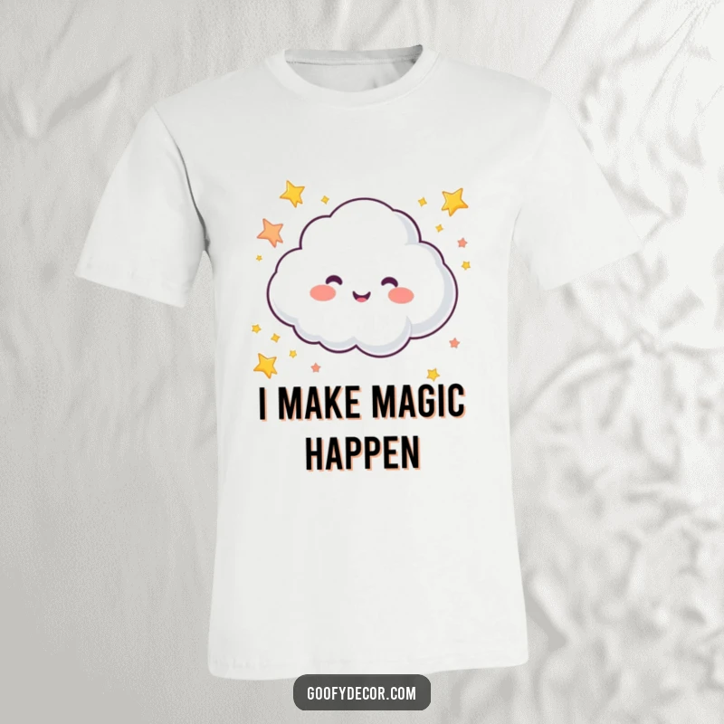 Funny t-shirt showcasing a bubbly cloud character joyfully sprinkling a cascade of colorful stars, radiating pure delight.