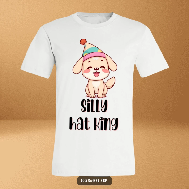 Funny Dog T-Shirt: A cheerful dog with a wagging tail wears a comical hat, embodying pure canine delight.