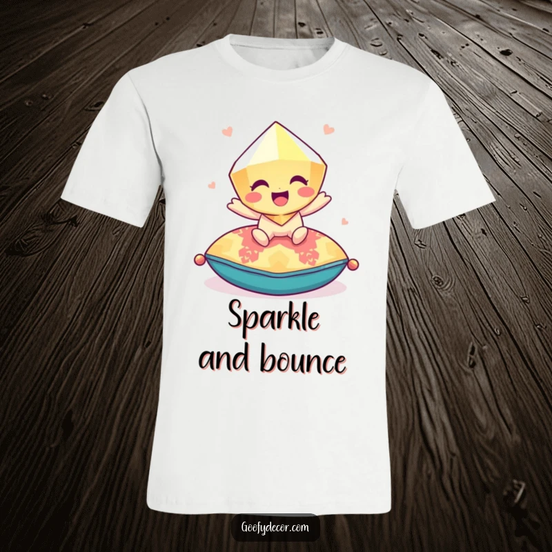 Funny giggling gem character bouncing playfully on a colorful cushion, printed on a vibrant and fun t-shirt.