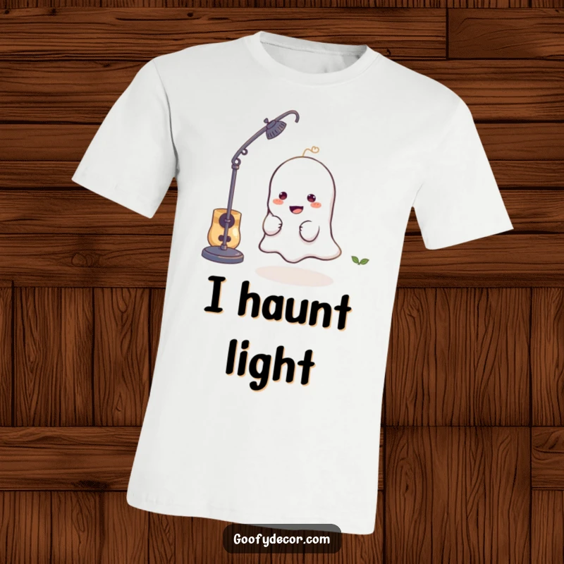 Funny t-shirt with a mischievous little ghost character playfully hiding behind a lamp, ideal for ghost lovers.