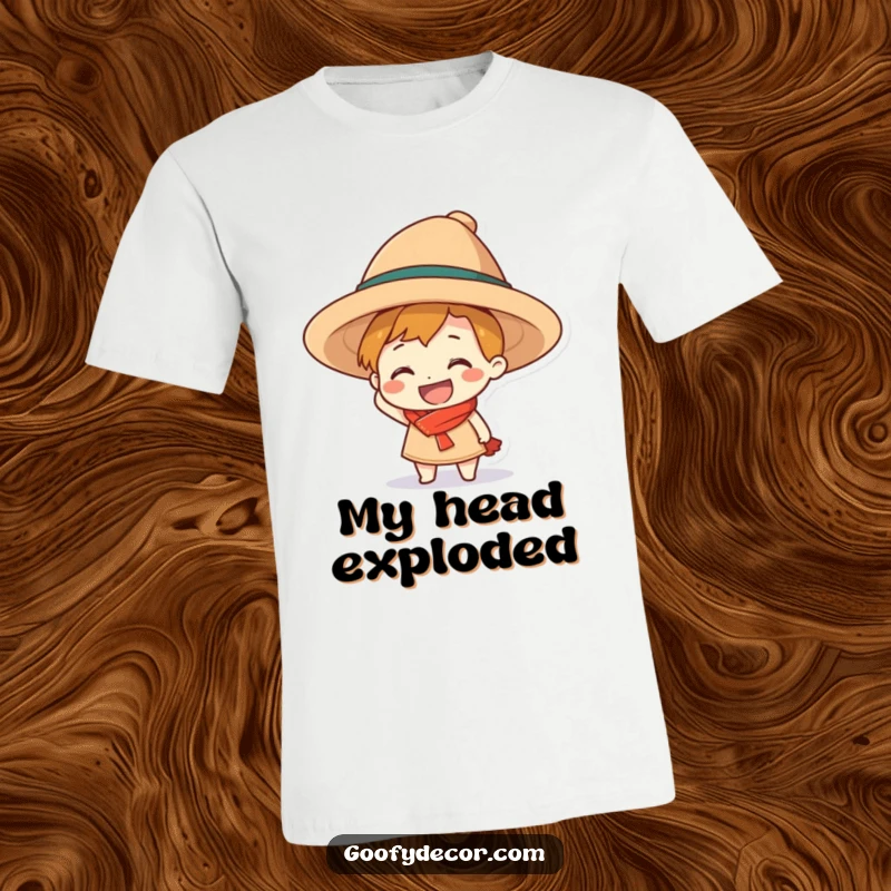 Funny grinning character t-shirt, humorously engaging with an enormous hat, showcasing pure, unadulterated joy.