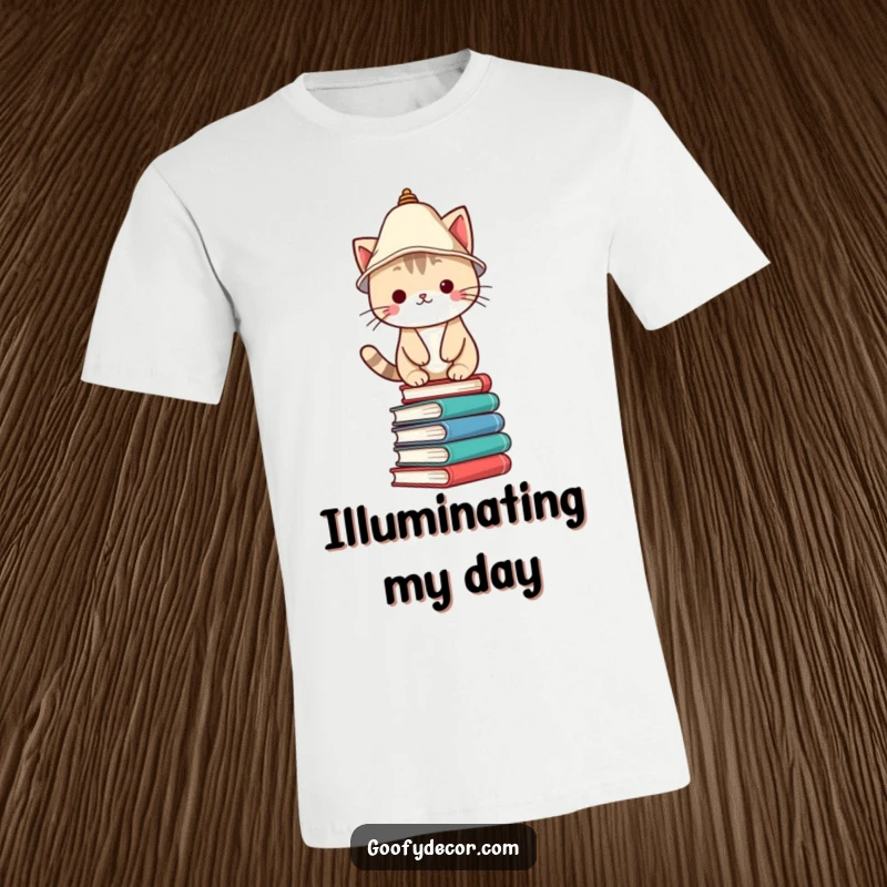 Funny T-Shirt with a Kawaii cat character sporting a lampshade hat, balancing comically on a precarious stack of books.