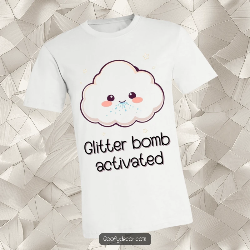 Funny t-shirt showing a cute kawaii cloud character letting out a sparkly glitter sneeze, spreading enchantment.