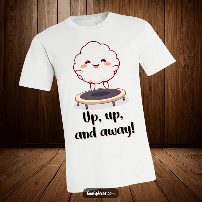 Funny Kawaii Cloud T-Shirt showcasing a goofy grinning cloud character energetically bouncing on a trampoline with sheer exhilaration.