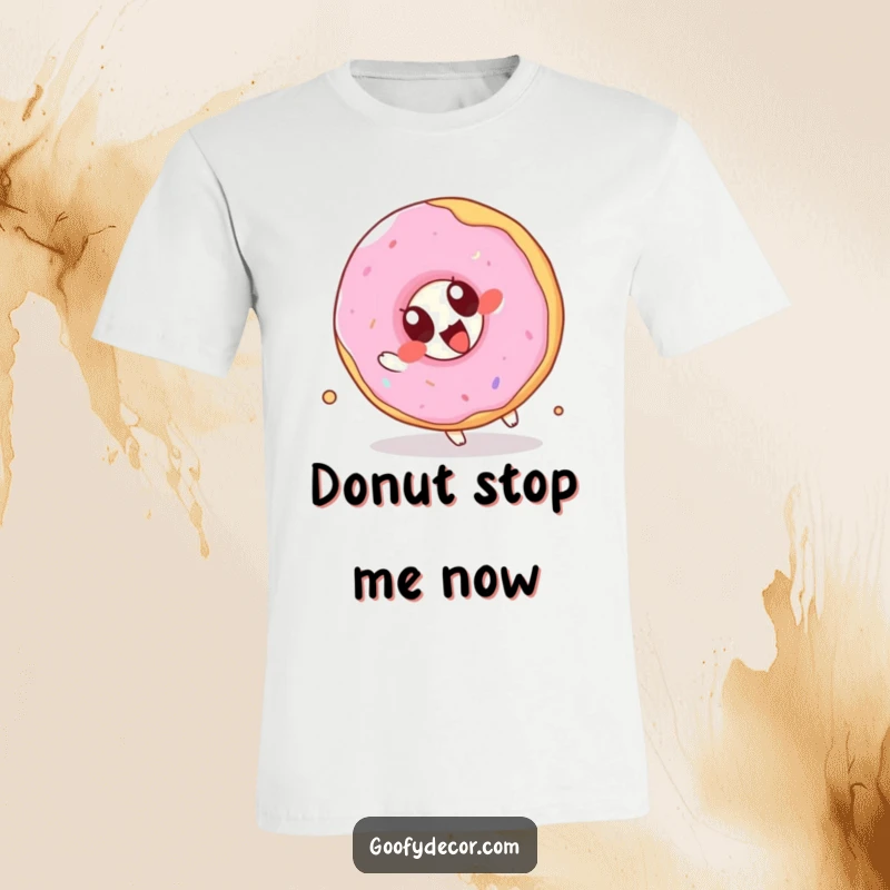 Funny Kawaii Donut T-Shirt: Adorable cartoon donut with big eyes joyfully attempting a somersault, a fun and sweet fashion statement.