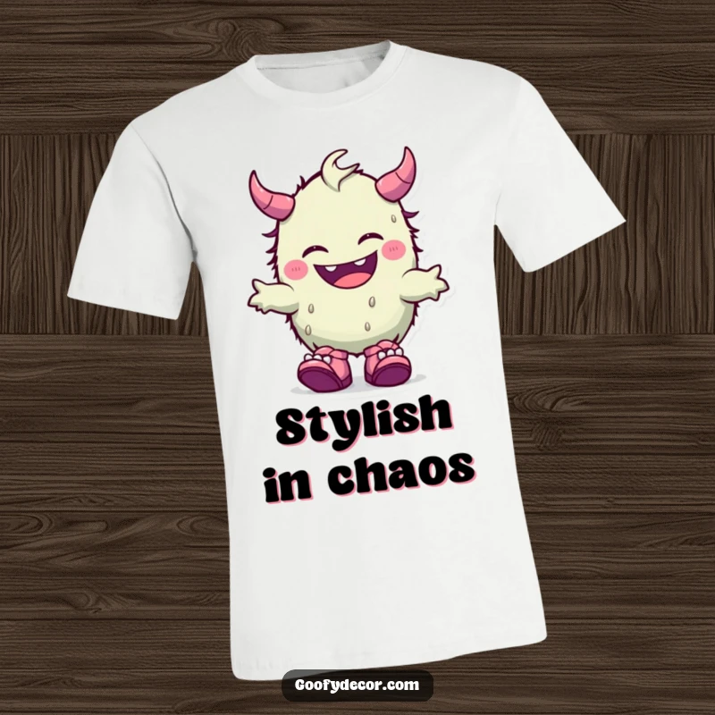 Funny t-shirt with a cute kawaii monster giggling happily, wearing eye-catching mismatched shoes, radiating playful energy.
