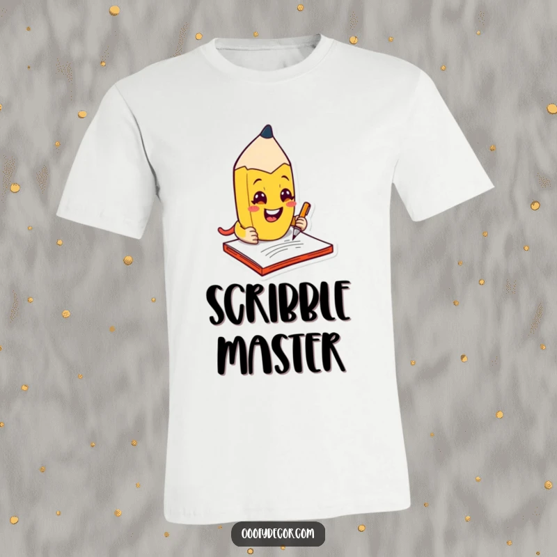 Funny kawaii mischievous pencil character grinning while scribbling on a notepad, featured on a t-shirt.