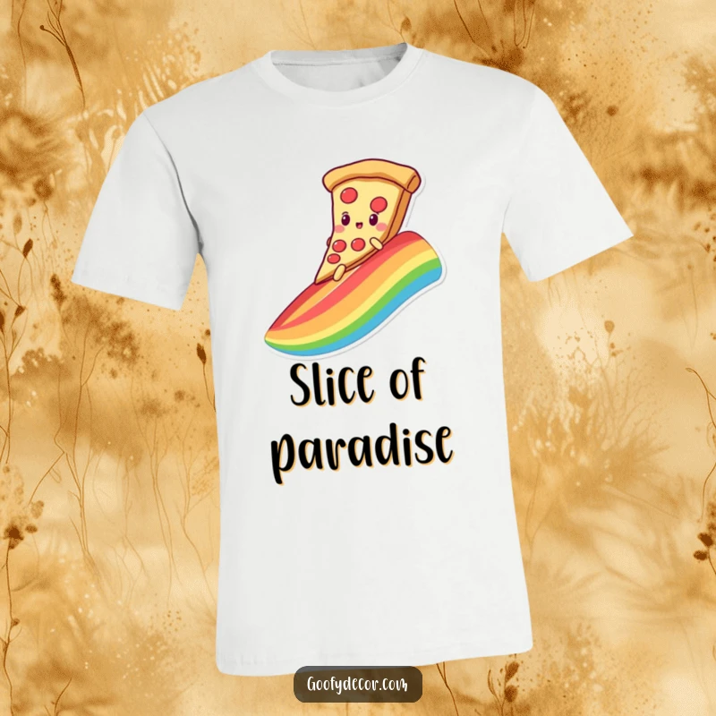 Funny t-shirt depicting a kawaii pizza character joyfully sliding down a rainbow on its slice, celebrating delicious adventure.