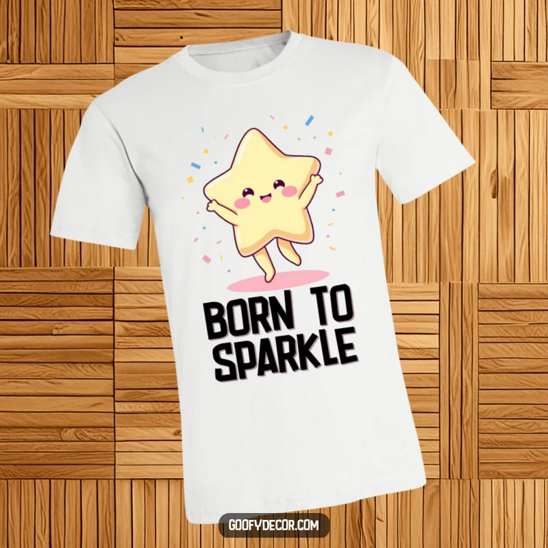 Funny t-shirt depicting a joyful kawaii star dancing energetically, throwing confetti, embodying pure celebration and happiness.