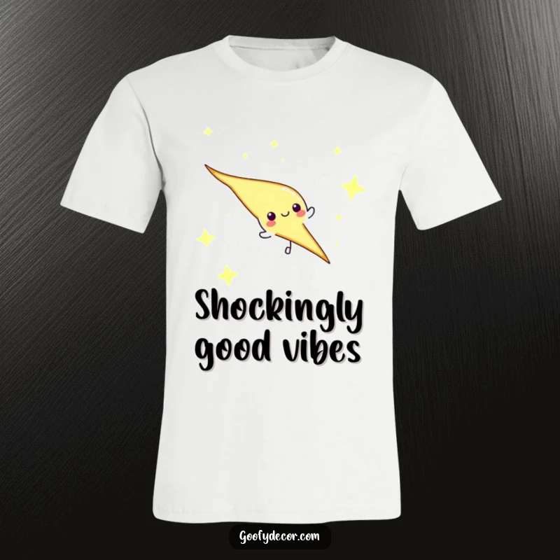 Funny lightning bolt character zipping through a starry night sky on a t-shirt, radiating playful energy.