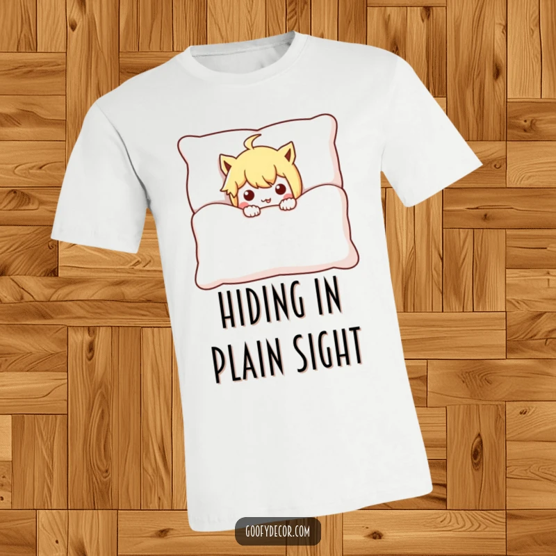Funny mischievous character t-shirt, humorously peeking from behind a large cushion, conveying a spirit of playful secrecy.