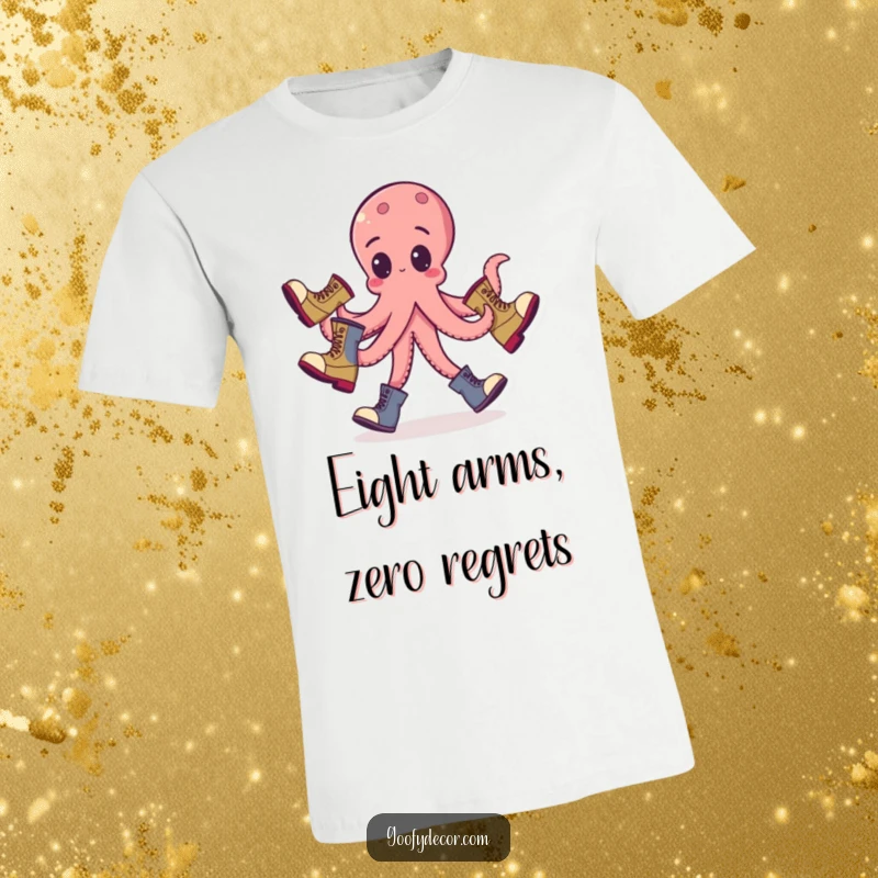 Funny octopus t-shirt featuring a goofy octopus juggling three odd boots, a visual punchline for any outfit.