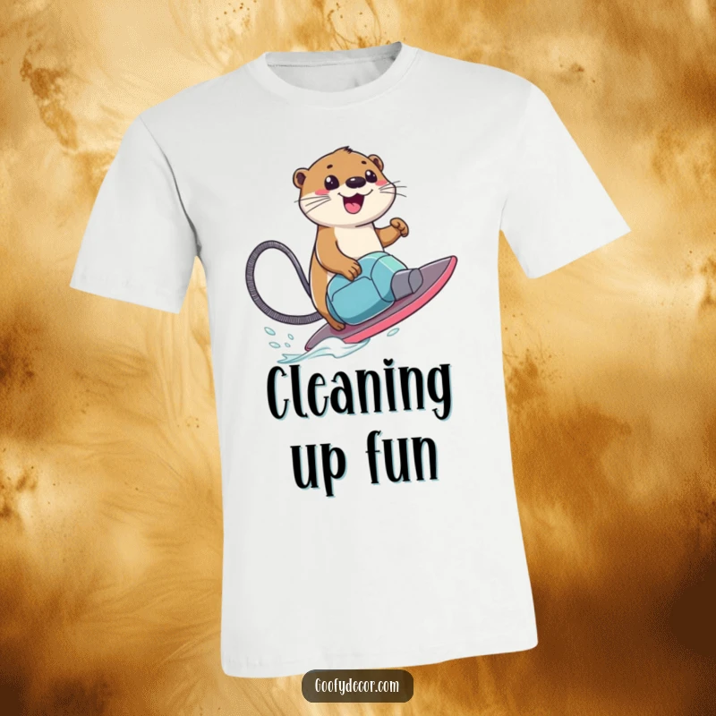 Funny T-Shirt showing a smiling otter character expertly riding a vacuum cleaner like a surfboard, capturing a moment of pure joy.