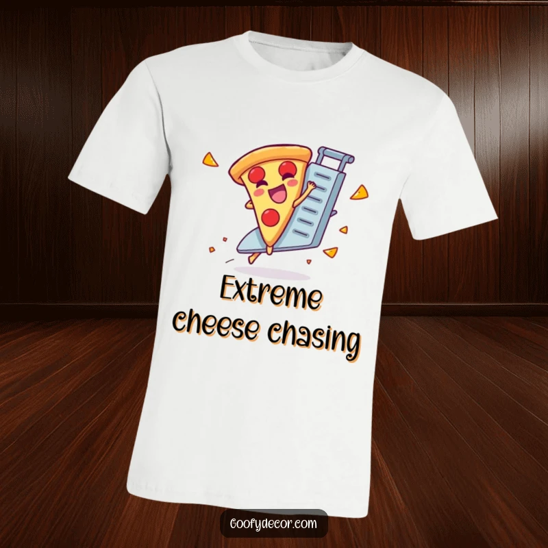 Funny t-shirt print of a giggling pizza slice character attempting to ride a runaway cheese grater.