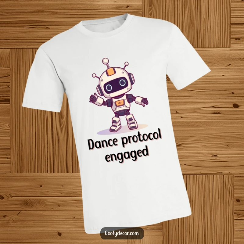 Funny t-shirt showing a robot character doing a silly, energetic spinning dance, capturing pure, unadulterated fun.