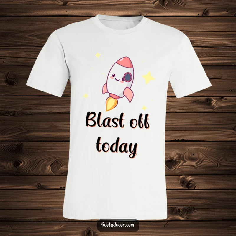 Funny t-shirt depicting a tiny, happy rocket character in full zoom across a vast, star-filled cosmic background.