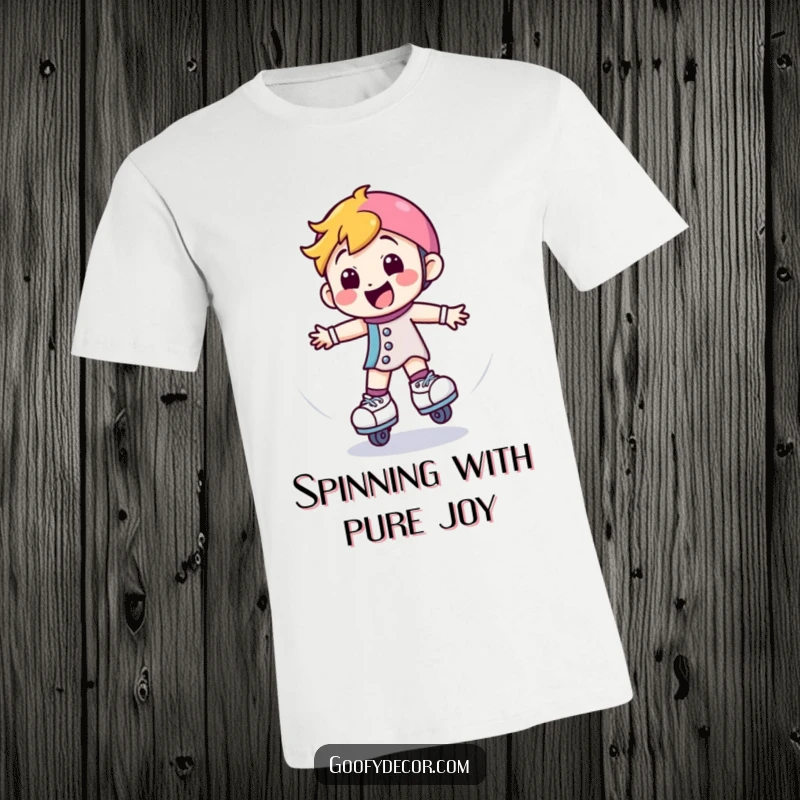 Funny t-shirt with a happy roller skate character spinning energetically, perfect for skaters and those who love active fun.