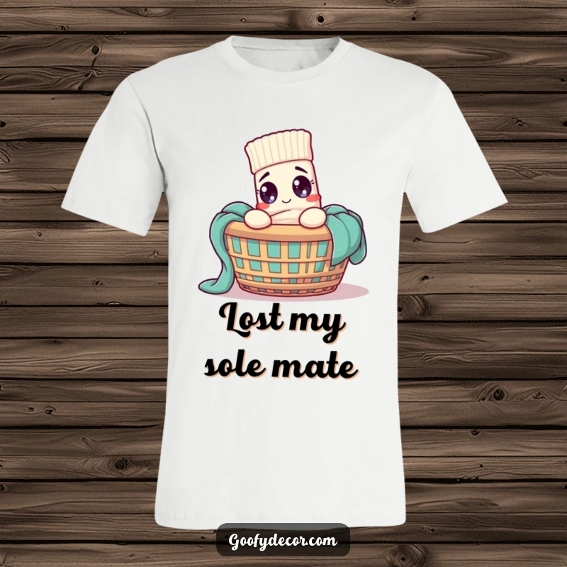 Funny sock character looking overwhelmed in a messy laundry basket, screen-printed on a t-shirt.