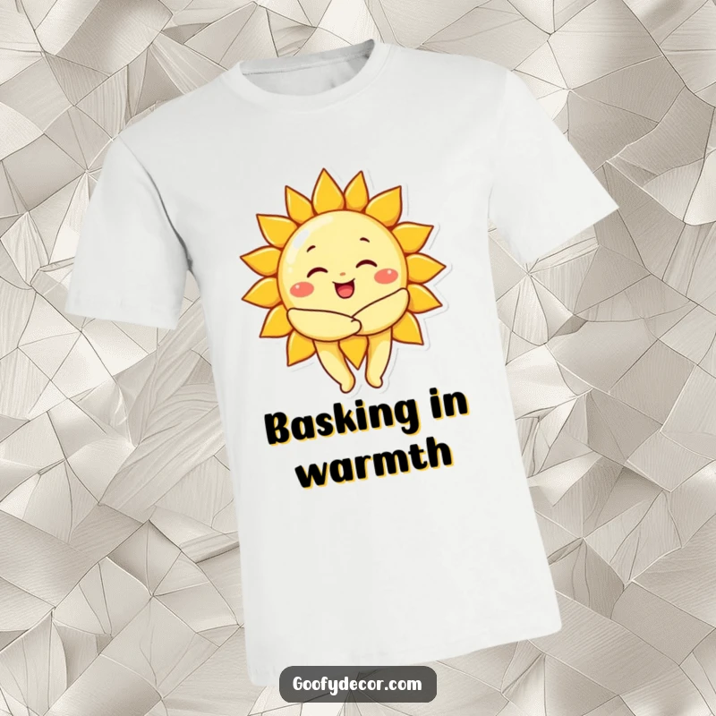 Funny cheerful sun character giving a big, warm hug, featured on a t-shirt to spread warmth and joy.