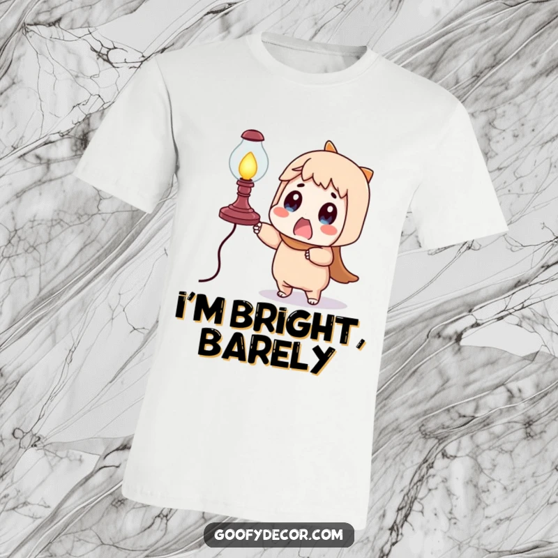 Funny surprised character t-shirt, humorously struggling to hold a wobbly lamp, showcasing a moment of delightful panic.