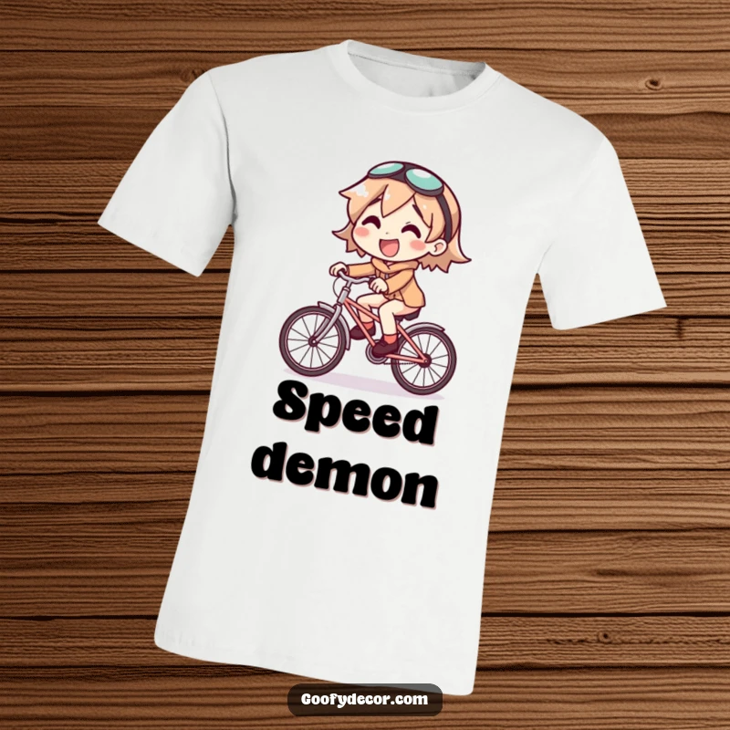 Funny t-shirt with a joyful character riding a comically tiny bicycle, a humorous and energetic design.
