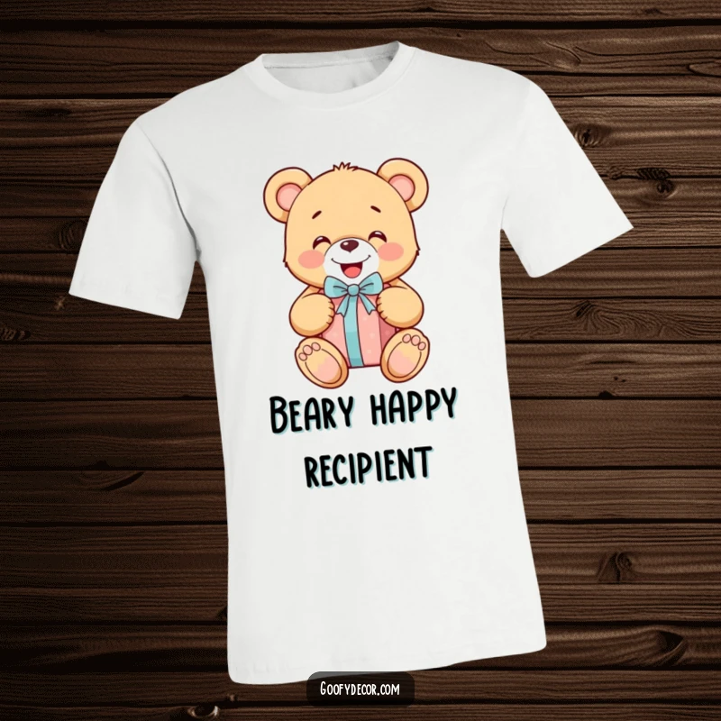 Funny cheerful teddy bear character happily unwrapping a gift on a t-shirt, radiating pure joy and excitement.