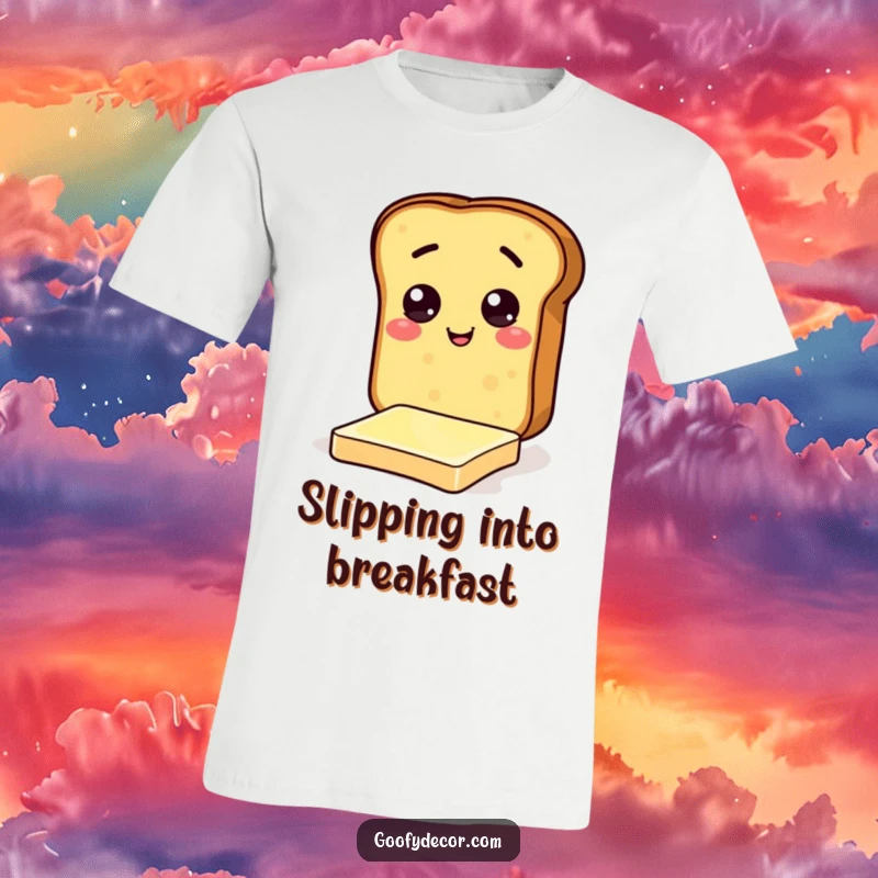 Funny t-shirt showing a cheerful toast character attempting to slide on a slippery butter pat, full of comical effort.