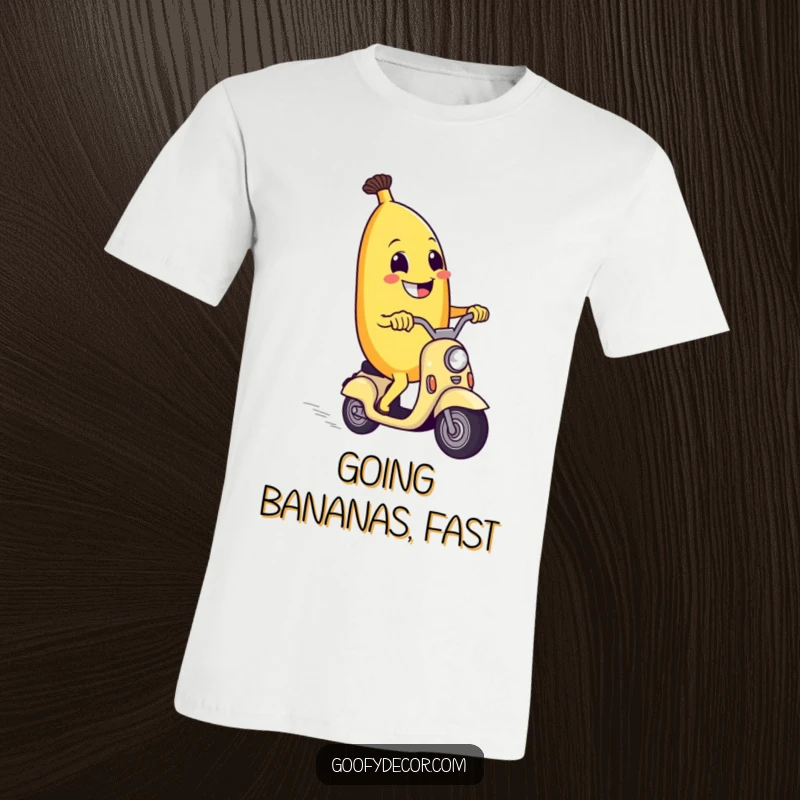 Funny t-shirt featuring a grinning banana gleefully riding a miniature, fast-moving scooter, radiating pure joy.