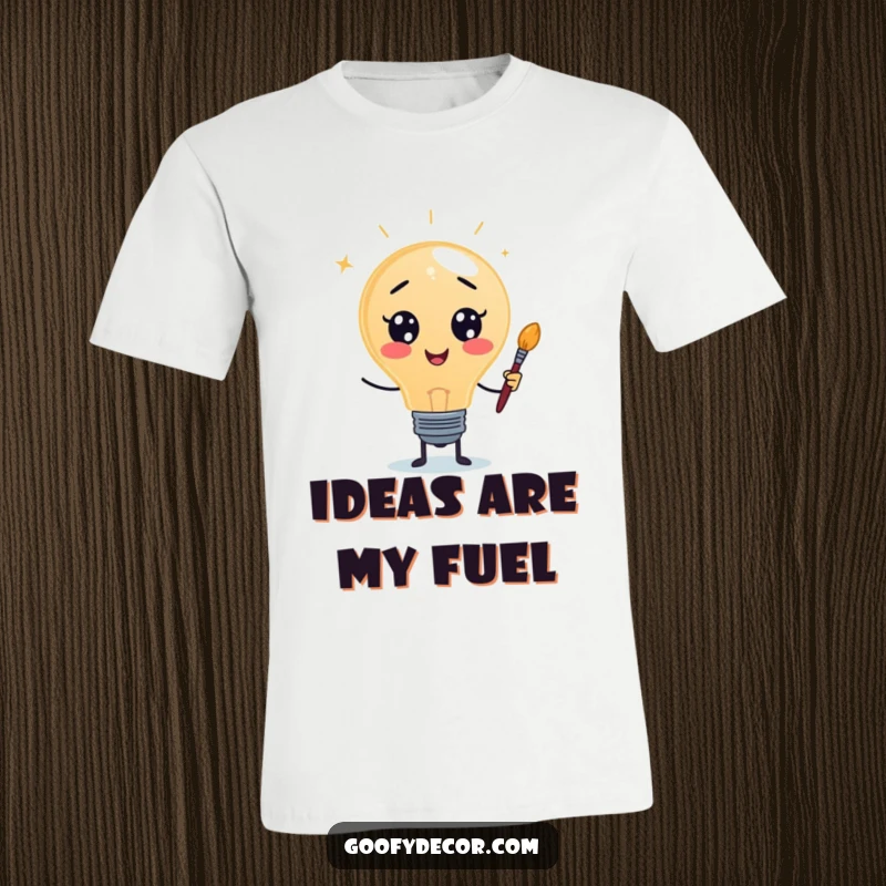 Funny t-shirt with a flickering lightbulb character holding art supplies, representing creativity and bright ideas for art lovers.